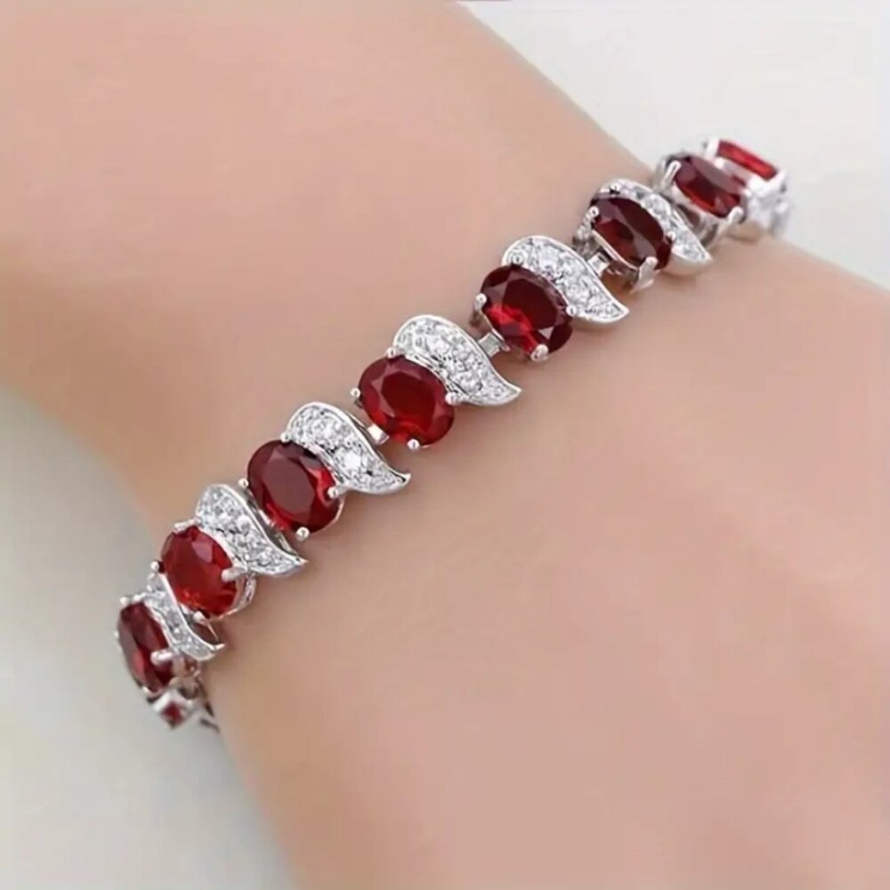 14K White Gold Womens 2ct Red Ruby Gemstone Diamond Tennis Bracelet 7" 8" NEW